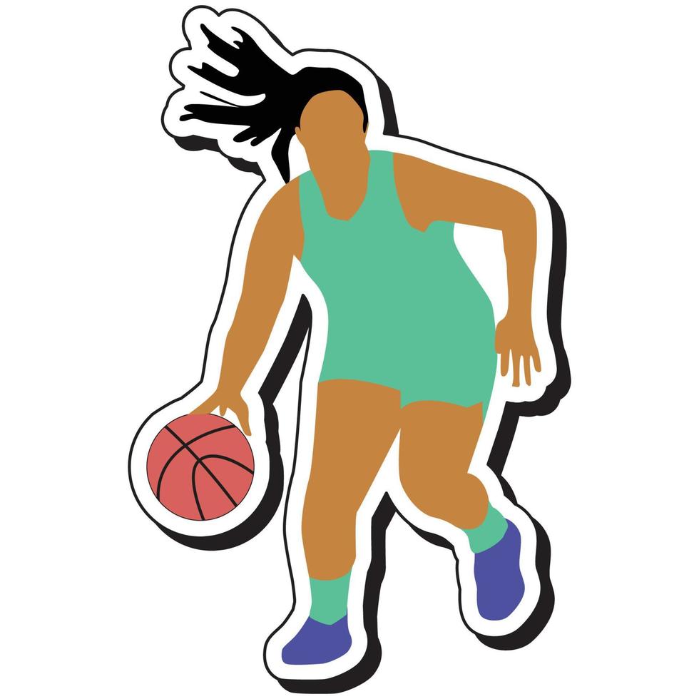 illustrazione etichetta, pallacanestro ragazza in posa dribbling vettore