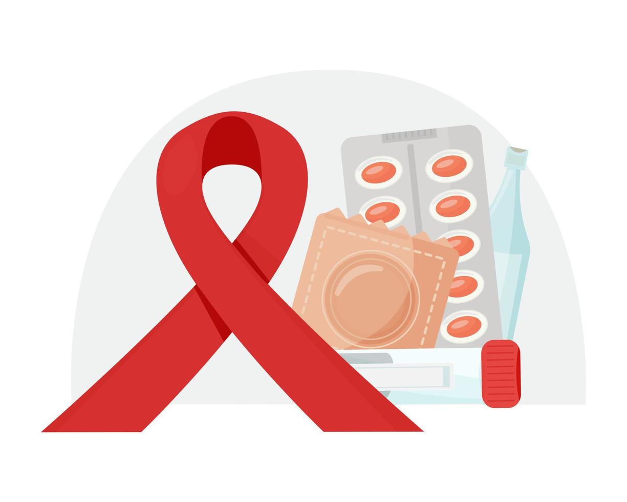 preservativo e rosso nastro simbolo di mondo AIDS giorno. attributi su il sfondo di il globo. sicuro sesso appello. consapevolezza, prevenzione, consapevolezza. vettore illustrazione, piatto