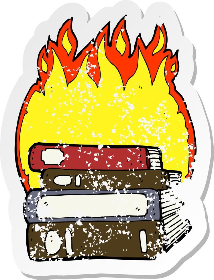 adesivo retrò in difficoltà di un cartone animato che brucia libri vettore
