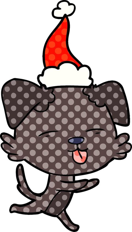 illustrazione in stile fumetto di un cane che sporge la lingua con il cappello di Babbo Natale vettore