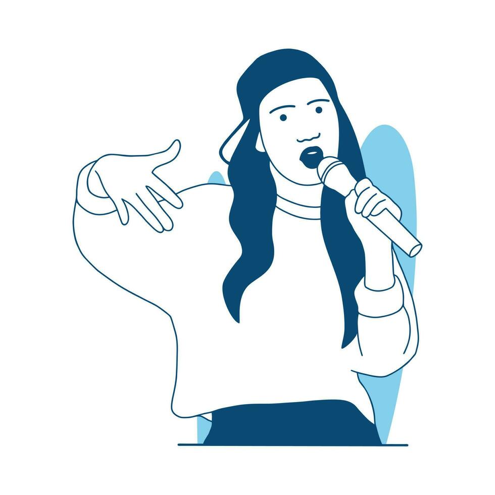 piatto stile vettore illustrazione bellissimo ragazza cantante rap hold microfono con cappello