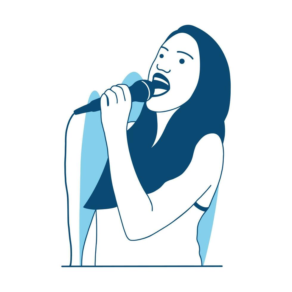 piatto stile vettore illustrazione bellissimo cantando ragazza karaoke contento festa hold microfono