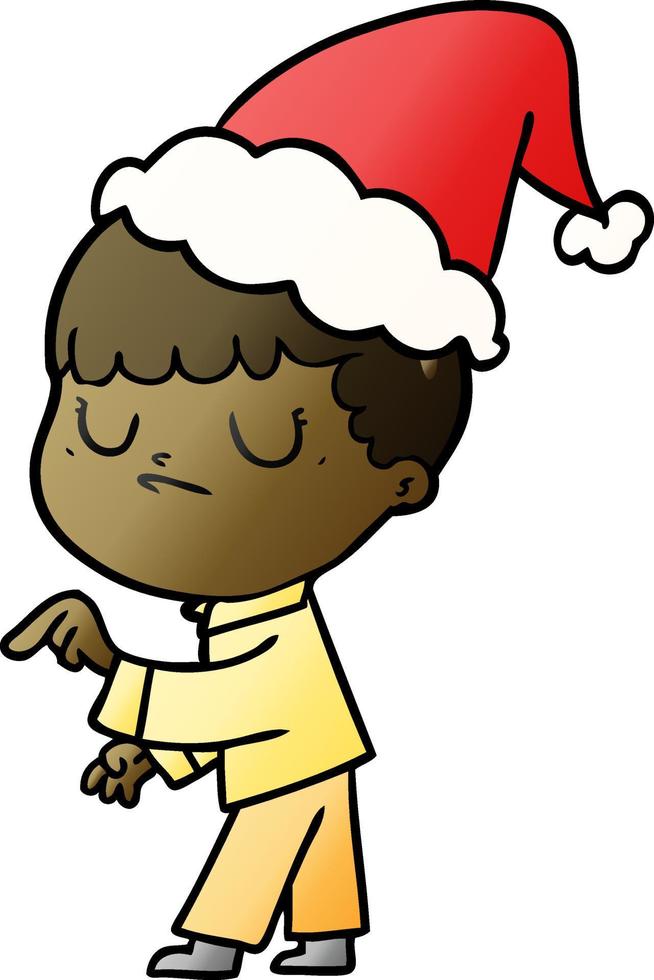 cartone animato sfumato di un ragazzo scontroso che indossa il cappello di Babbo Natale vettore