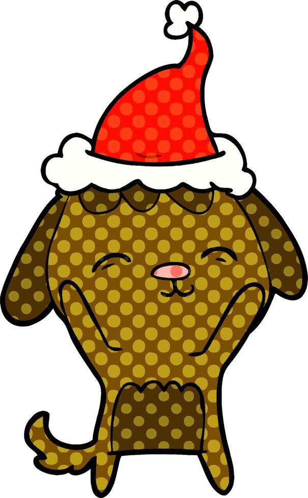felice illustrazione in stile fumetto di un cane che indossa il cappello di Babbo Natale vettore