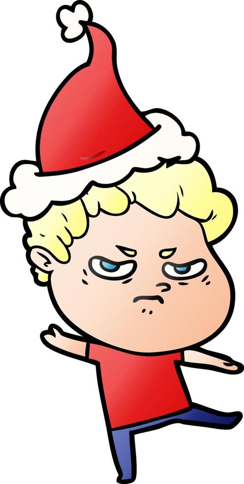 cartone animato sfumato di un uomo arrabbiato che indossa il cappello di Babbo Natale vettore