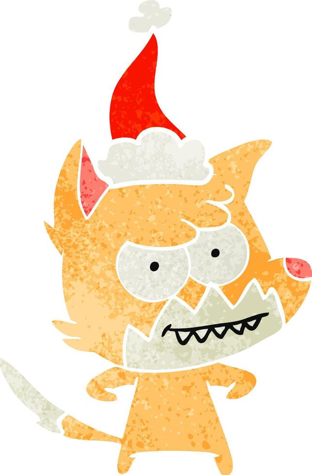 cartone animato retrò di una volpe sorridente che indossa il cappello di Babbo Natale vettore