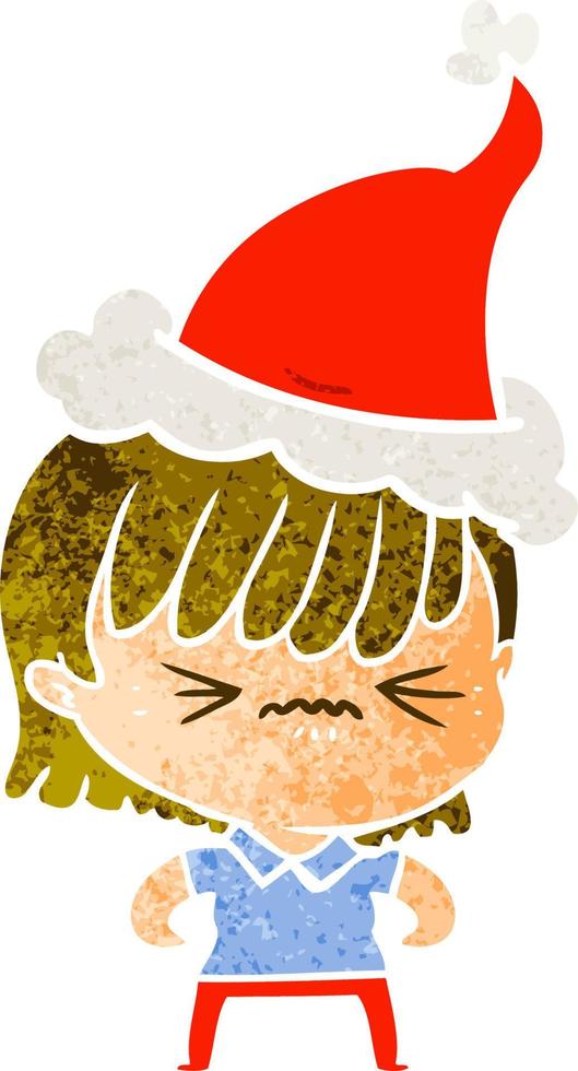 cartone animato retrò infastidito di una ragazza che indossa il cappello di Babbo Natale vettore