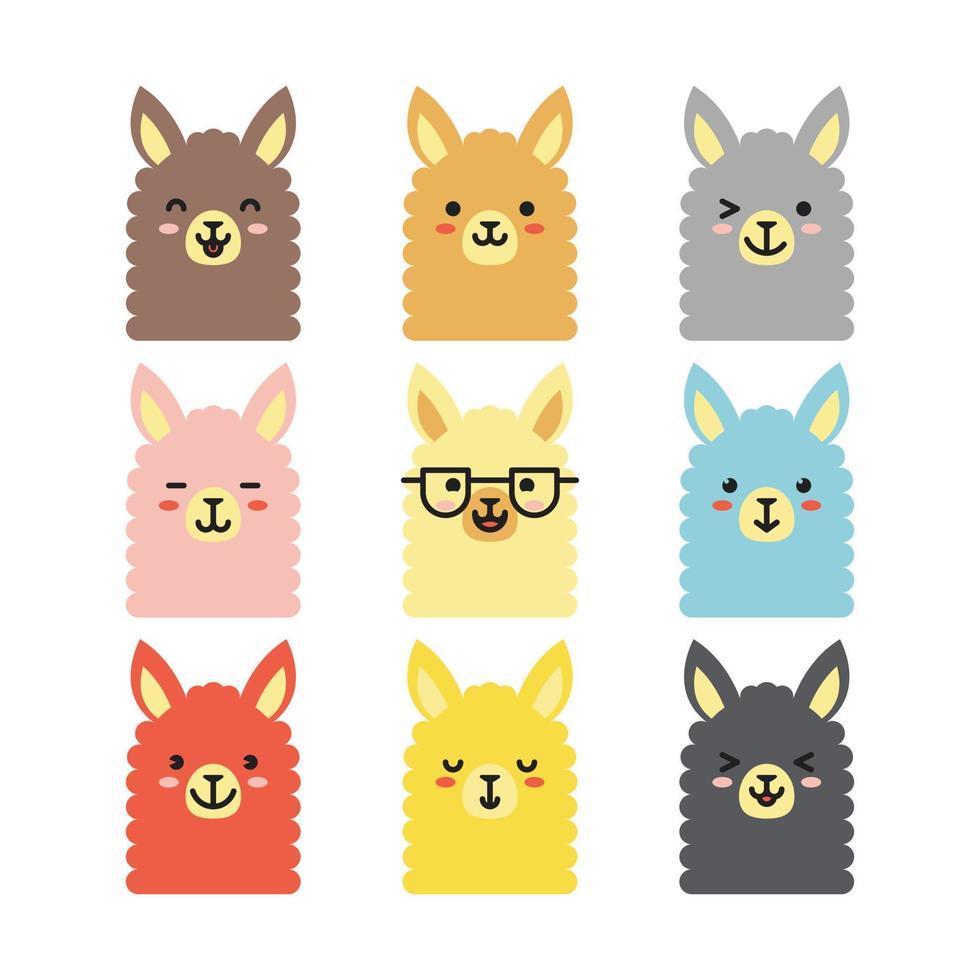 impostato di vario lama facciale espressione avatar. adorabile carino bambino animale testa vettore illustrazione. semplice piatto design di contento sorridente animale cartone animato viso emoticon. isolato, bianca sfondo.