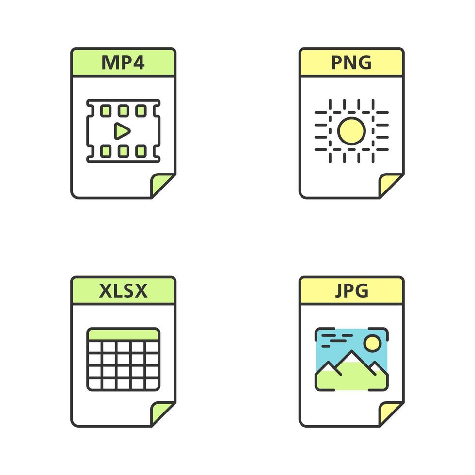 File formato colore icone impostare. multimedia, Immagine, foglio elettronico File. mp4, png, xlsx, jpg. isolato vettore illustrazioni