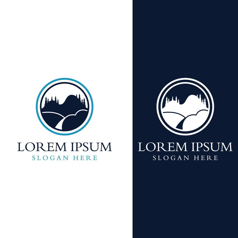 loghi di fiumi, insenature, sponde e flussi. fiume logo con combinazione di montagne e terreni agricoli con concetto design vettore illustrazione modello.