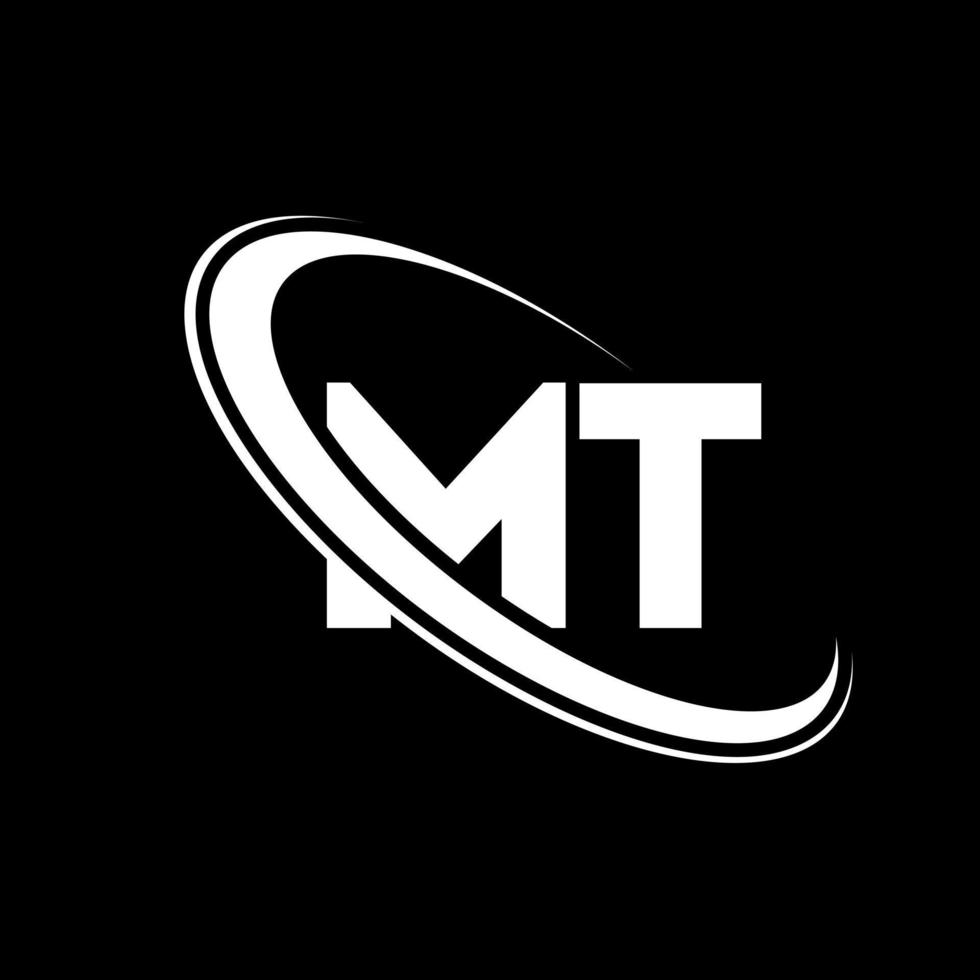 mt logo. m t design. bianca mt lettera. mt lettera logo design. iniziale lettera mt connesso cerchio maiuscolo monogramma logo. vettore