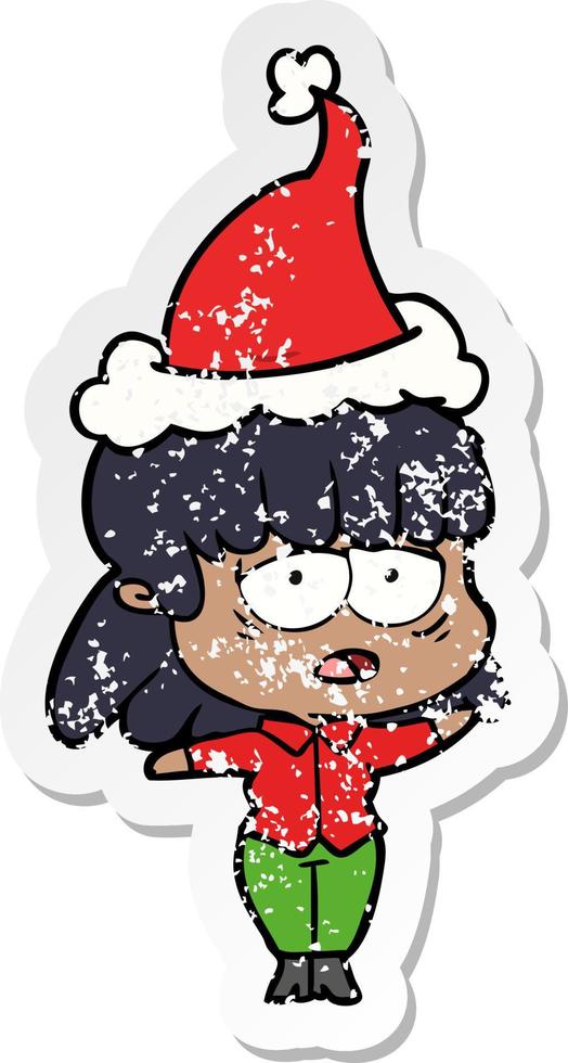 adesivo in difficoltà cartone animato di una donna stanca che indossa un cappello da Babbo Natale vettore