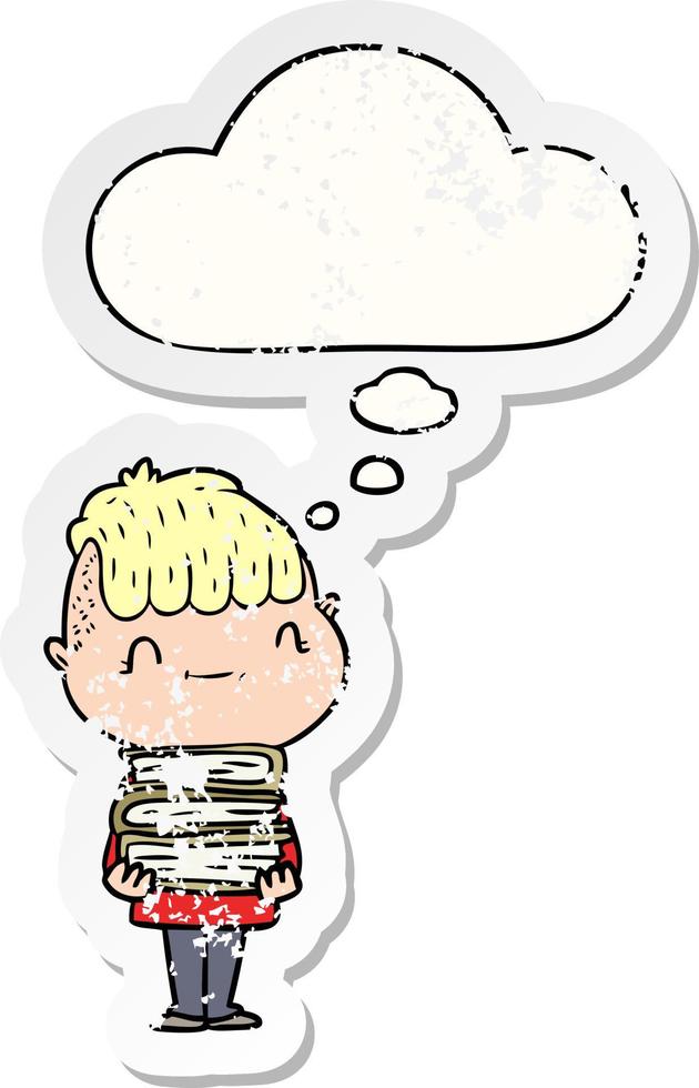 cartone animato amichevole ragazzo con libri e pensato bolla come un' afflitto logoro etichetta vettore