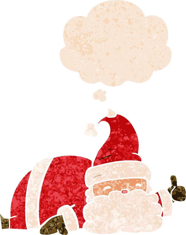 cartone animato assonnato Santa e pensato bolla nel retrò strutturato stile vettore