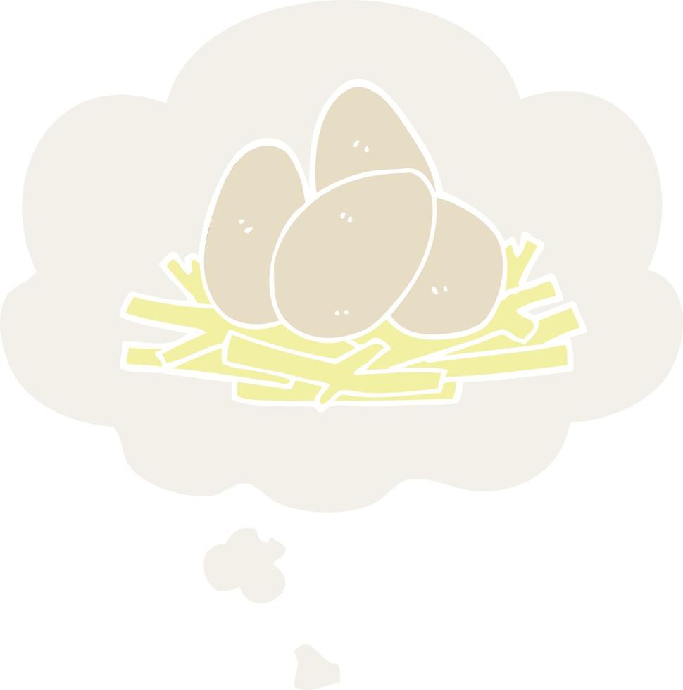 cartone animato uova nel nido e pensato bolla nel retrò stile vettore