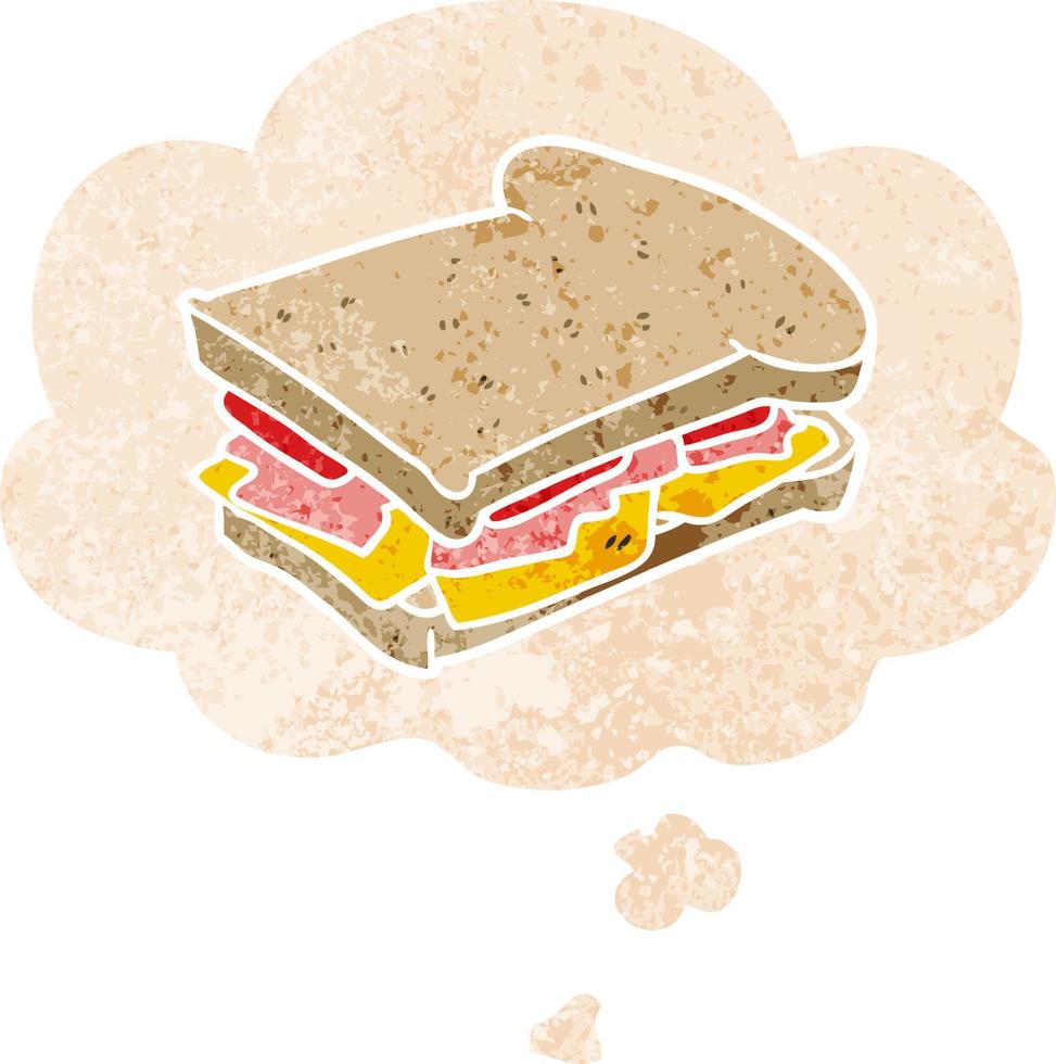 cartone animato prosciutto Sandwich e pensato bolla nel retrò strutturato stile vettore