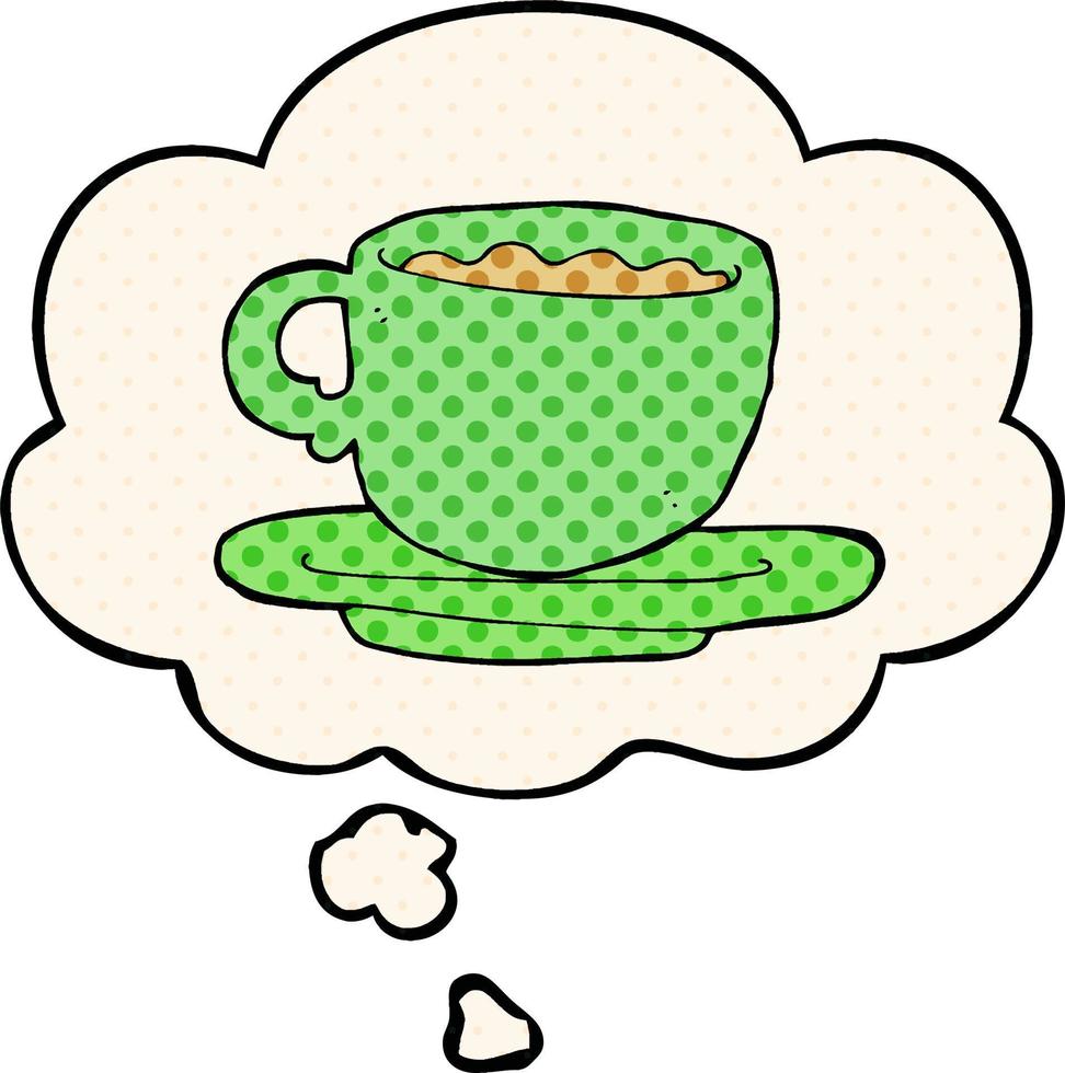 cartone animato tazza di tè e bolla di pensiero in stile fumetto vettore