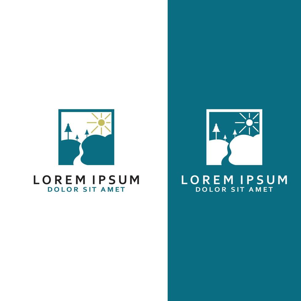 loghi di fiumi, insenature, sponde e flussi. fiume logo con combinazione di montagne e terreni agricoli con concetto design vettore illustrazione modello.