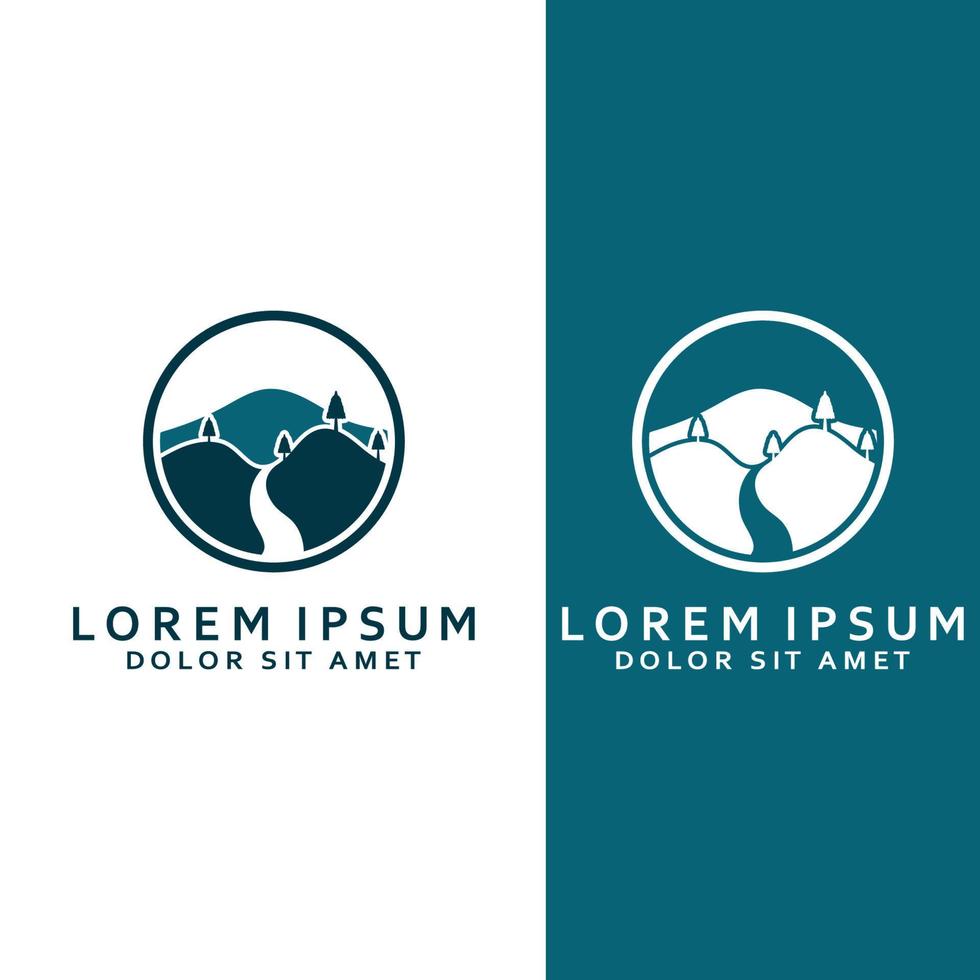 loghi di fiumi, insenature, sponde e flussi. fiume logo con combinazione di montagne e terreni agricoli con concetto design vettore illustrazione modello.