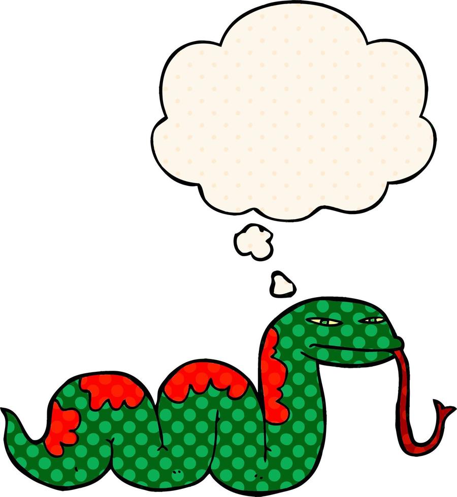 cartone animato strisciare serpente e pensato bolla nel comico libro stile vettore