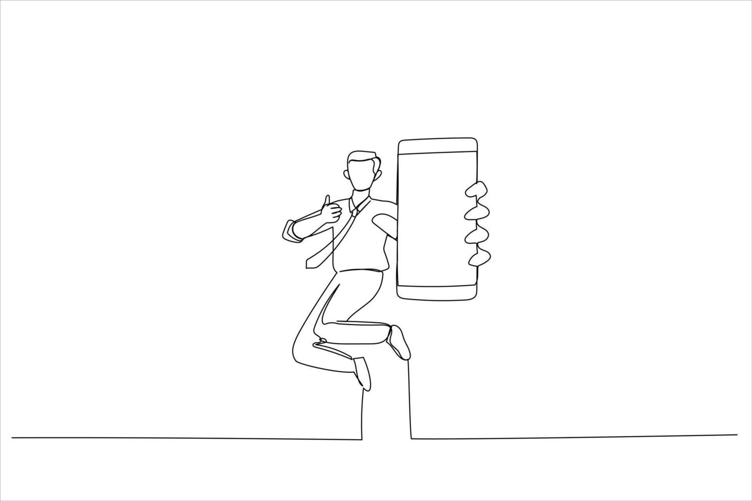 cartone animato di tipo salto su aria, puntamento a cellulare con vuoto schermo. continuo linea arte vettore