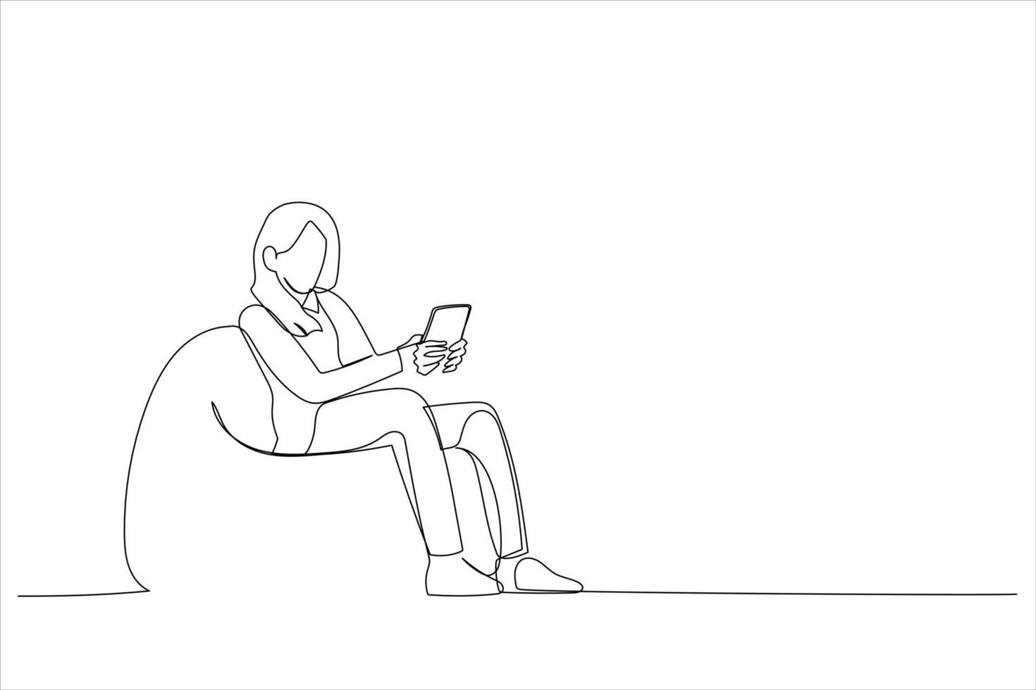 cartone animato di giovane donna seduta comodo morbido poltrona Tenere telefono chat colleghi. singolo continuo linea arte stile vettore
