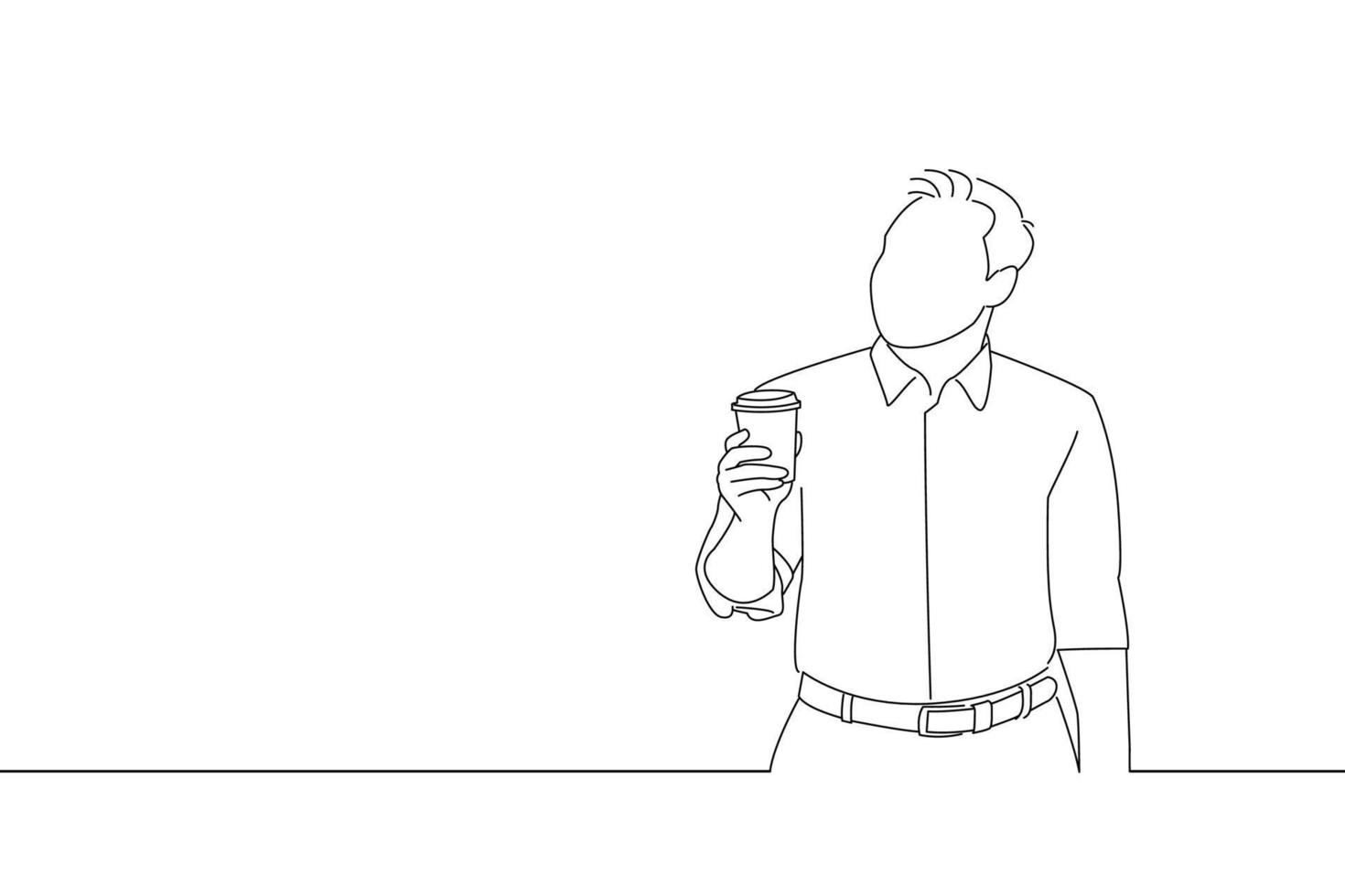 disegno di attività commerciale uomo in piedi hold tazza di caffè o tè guardare a parte. schema disegno stile arte vettore