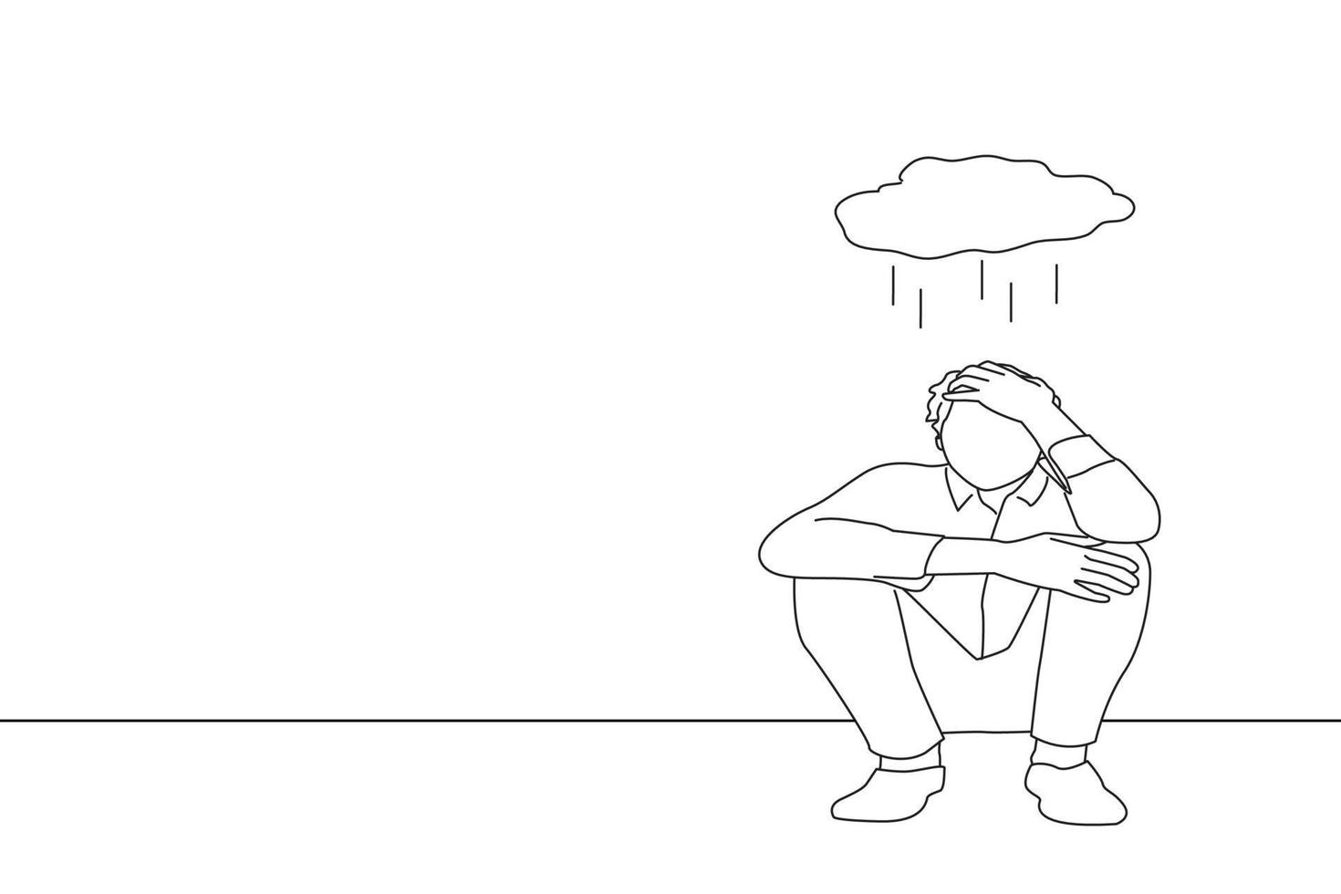 cartone animato di giovane depresso uomo seduta contro un' bianca parete a casa con un' ombra su il parete sensazione miserabile. linea arte stile vettore
