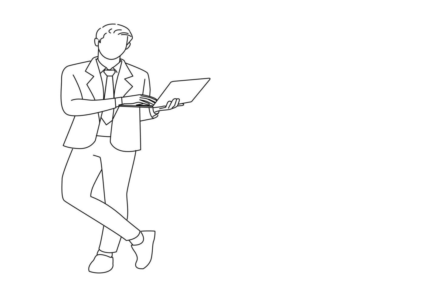 cartone animato di maschio agente broker Tenere nel mani il computer portatile Lavorando isolato al di sopra di bianca sfondo. una linea arte disegno stile vettore