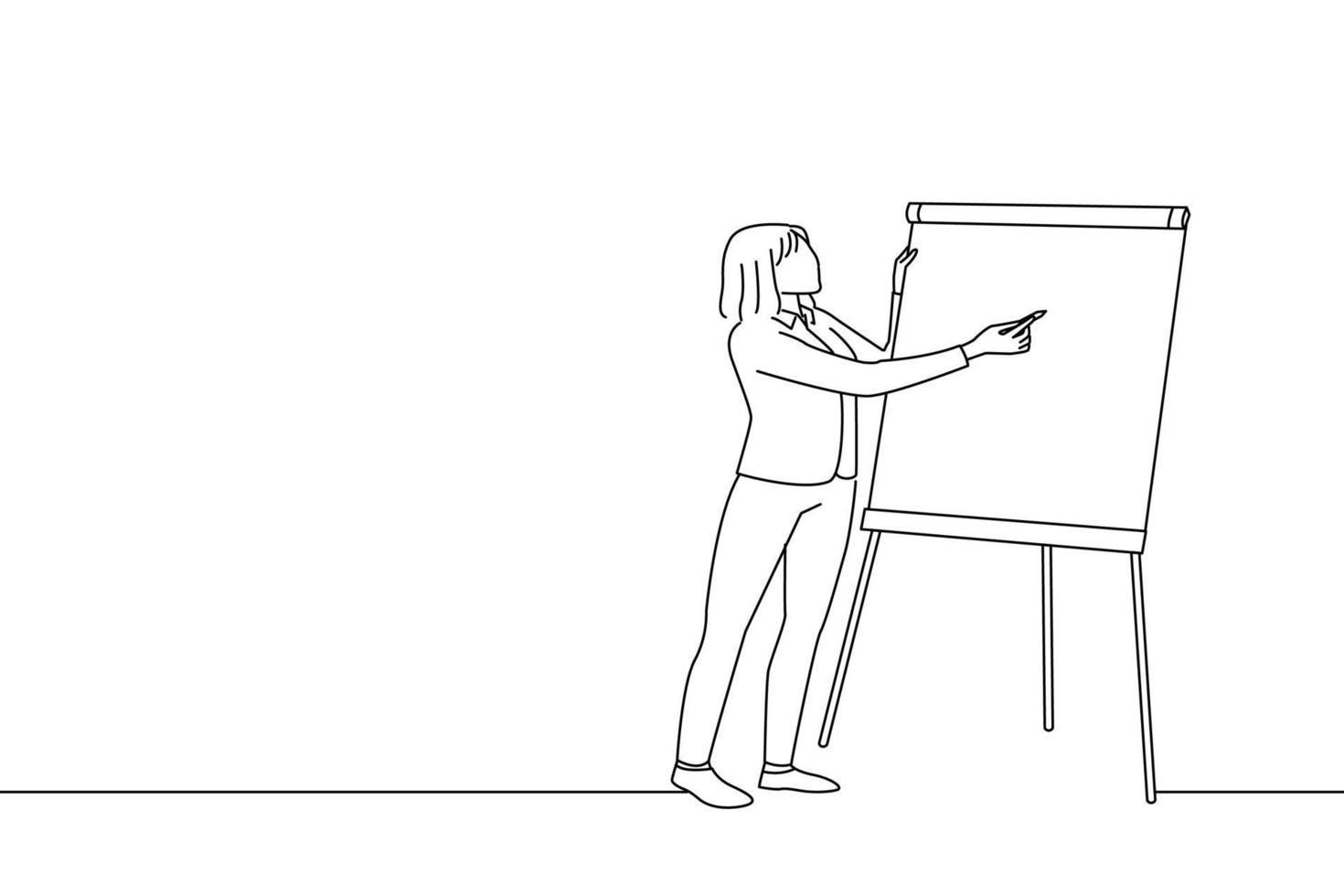 cartone animato di distanza addestramento, in linea conferenza. femmina insegnante conduce in linea lezione per studenti attraverso video conferenza. uno linea arte vettore