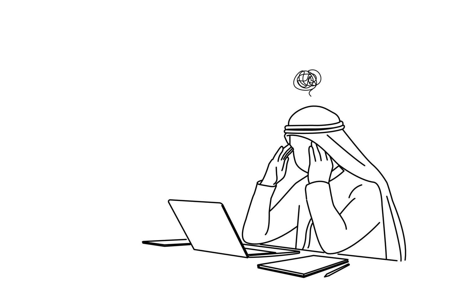 illustrazione di arabo uomo d'affari con il computer portatile avendo male alla testa. uno linea arte stile vettore