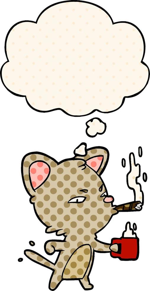 cartone animato gatto con caffè e sigaro e pensato bolla nel comico libro stile vettore