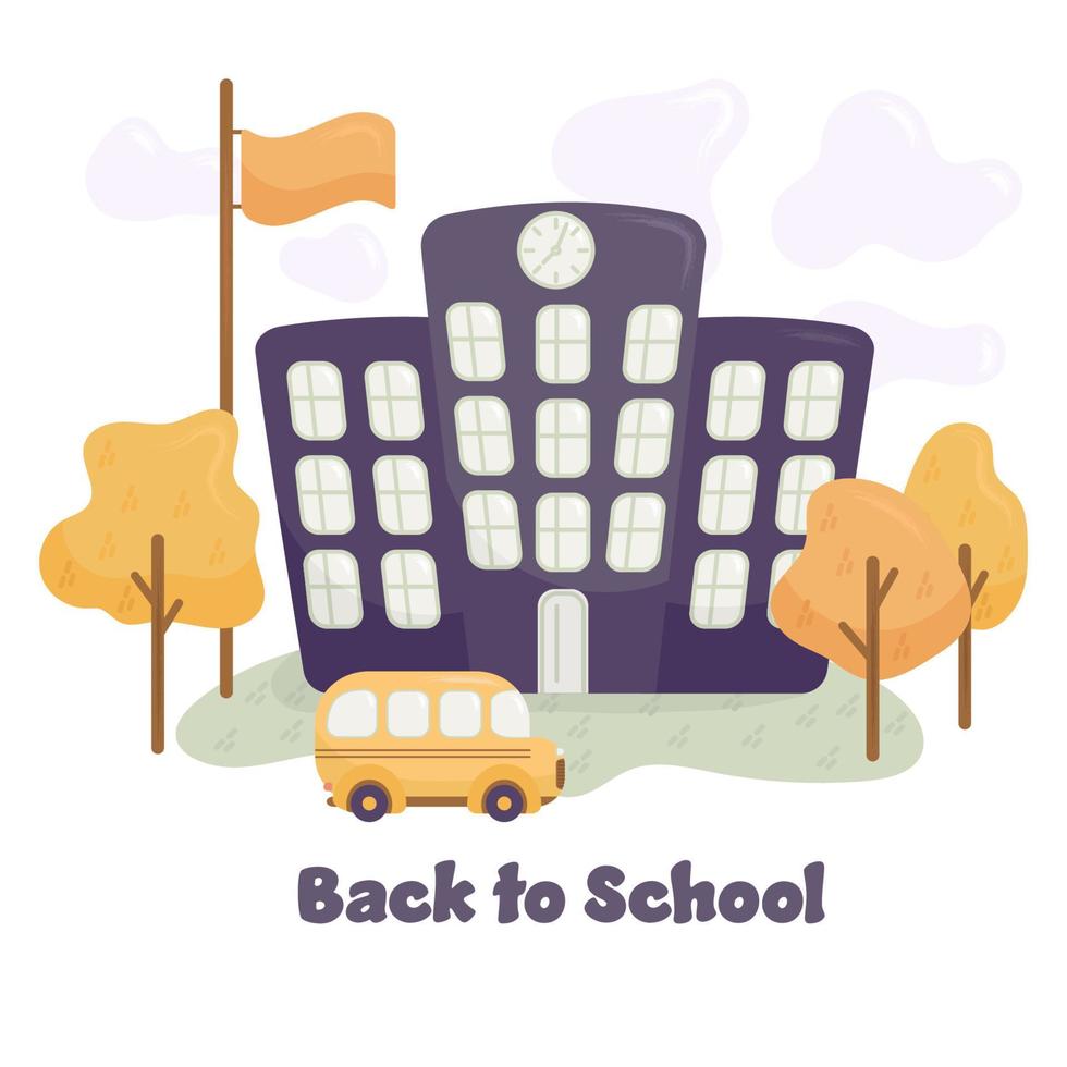 indietro per scuola. piatto vettore illustrazione di un' scuola costruzione, scuola autobus, alberi e bandiera. Perfetto per striscioni, sociale media, carte, stampato materiali, eccetera.