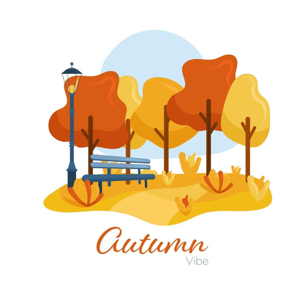 piatto vettore illustrazione di autunno paesaggio con decorativo alberi, panchina e strada luce. Perfetto per striscioni, sociale media, carte, stampato materiali, eccetera.