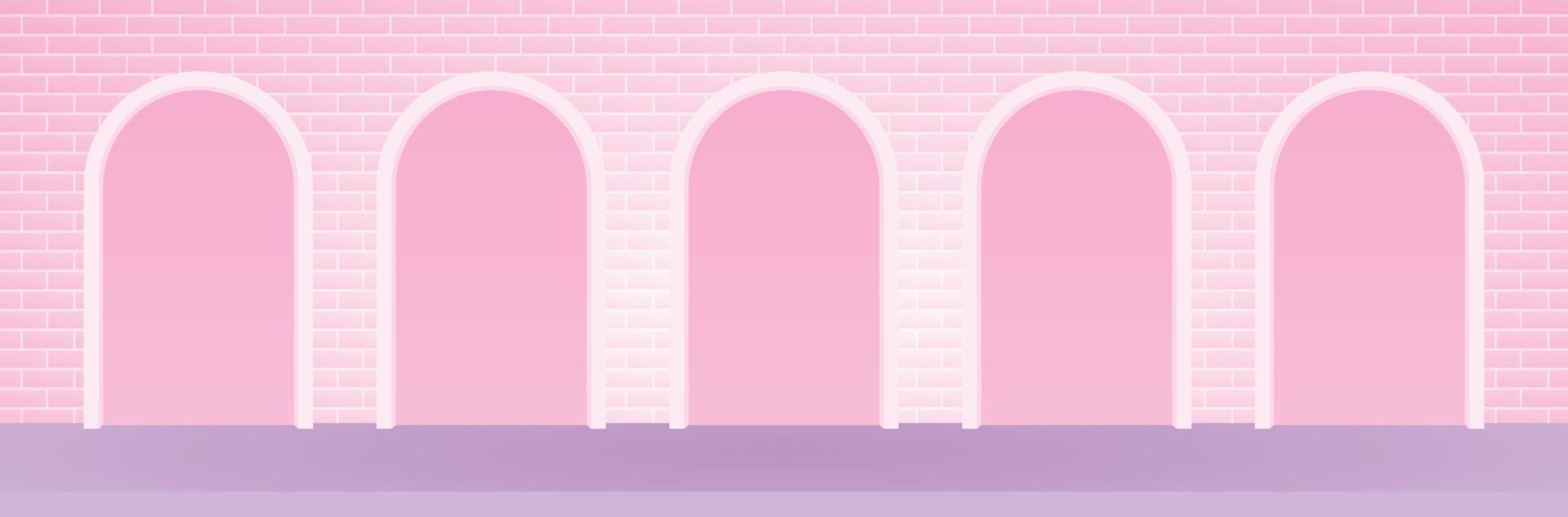 vuoto arco fondale Schermo su dolce pastello rosa largo mattone parete sfondo su viola pavimento 3d illustrazione vettore per mettendo il tuo carino Femminile oggetto
