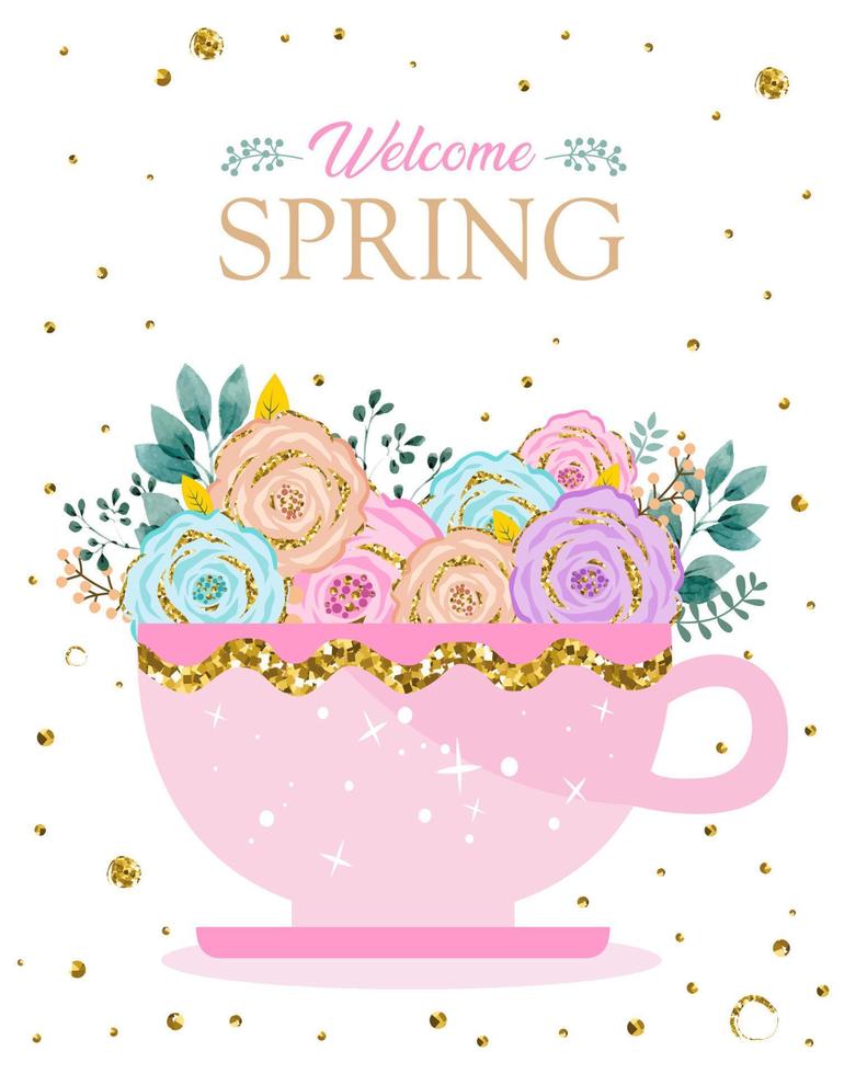 benvenuto primavera carta design con luccichio fiore vettore