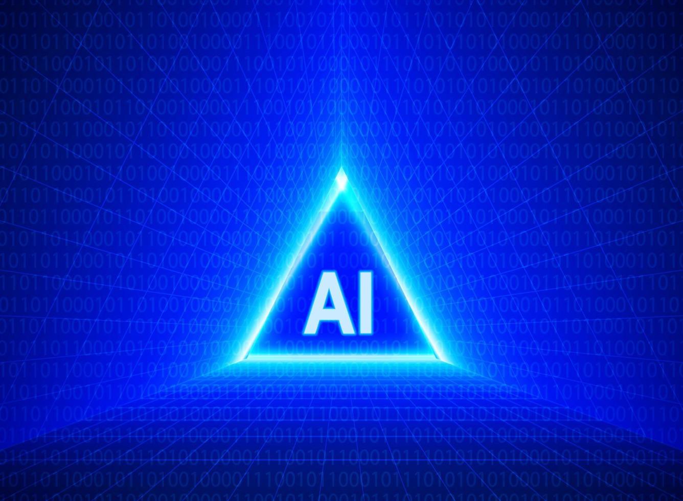 ai testo su binario codice e triangolo matrice neon Linee sfondo. artificiale intelligenza astratto modello. concetto di tecnologia, ingegneria, apprendimento, attività commerciale e scienza vettore illustrazione.