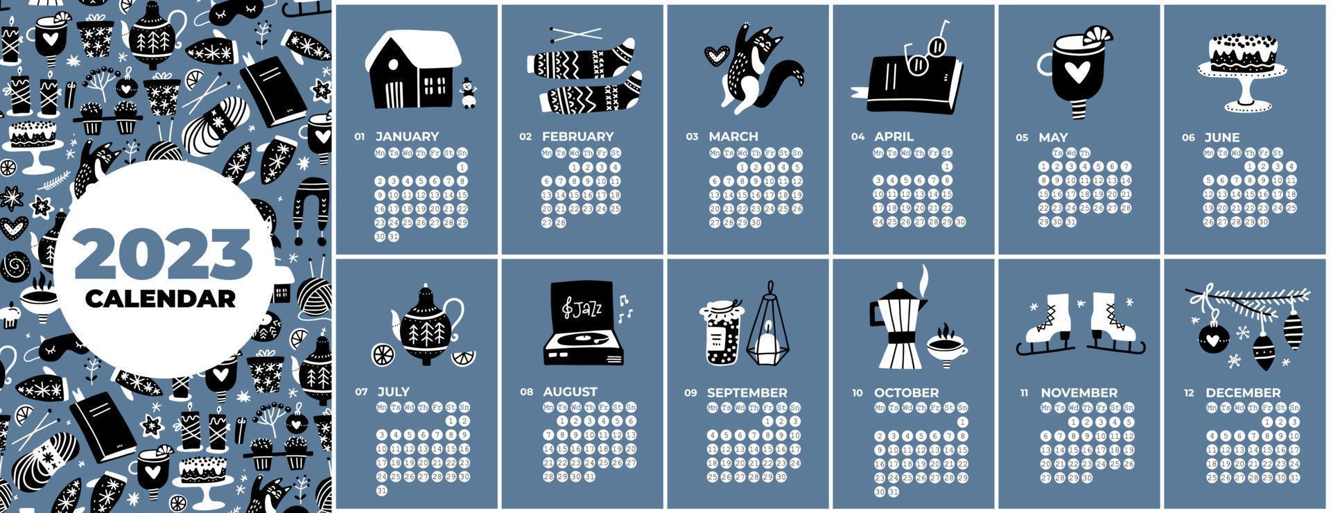 calendario modello per 2023. verticale design scarabocchi di quattro le stagioni attività. modificabile pagina modello con vettore balck e bianca illustrazioni, impostato di 12 mesi con coperchio. settimana di partenza su Lunedi