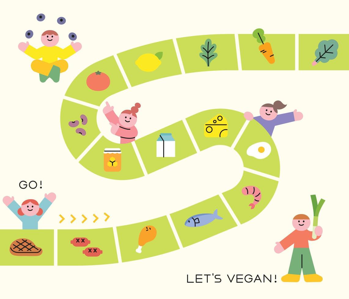 tavola gioco concetto vegano carta geografica. salutare cibo è di cui su su il strada. piatto design stile vettore illustrazione.