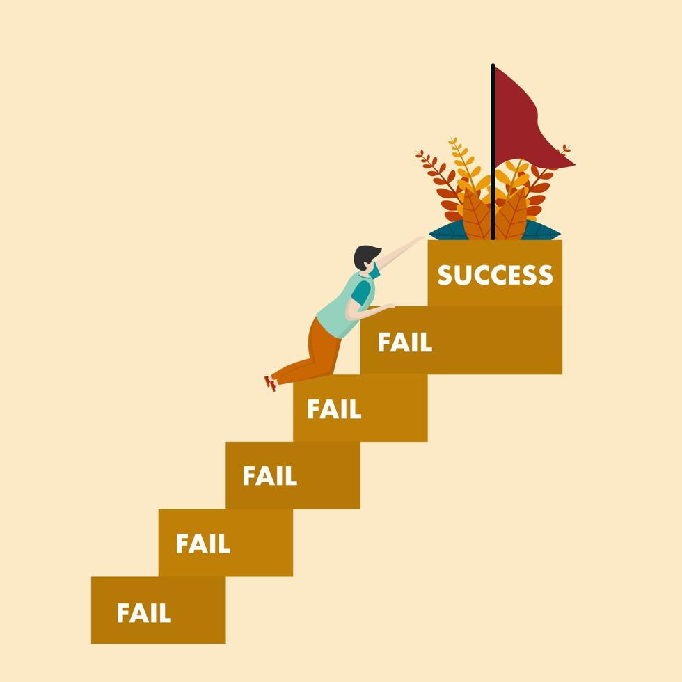 scala per successo, il concetto di un' stanco uomo arrampicata il scala di fallimento per il superiore di il scala di successo, il lotta per raggiungere il superiore di un' carriera vettore