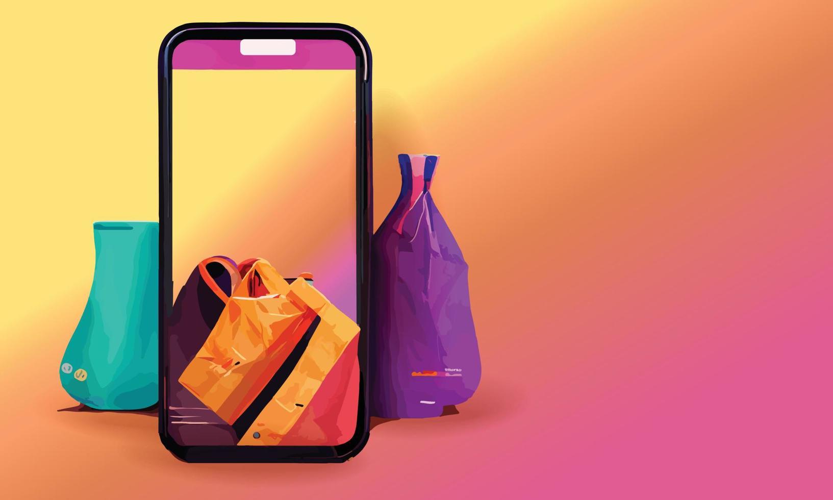 in linea shopping o consegna concetto illustrazione 3d vettore mostrare carrello, borse e scatole. moderno di moda design luminosa colori su smartphone