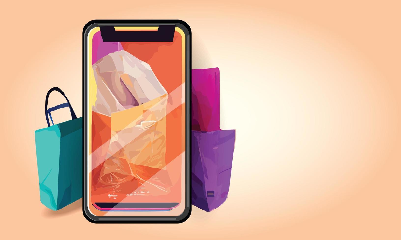 in linea shopping o consegna concetto illustrazione 3d vettore mostrare carrello, borse e scatole. moderno di moda design luminosa colori su smartphone