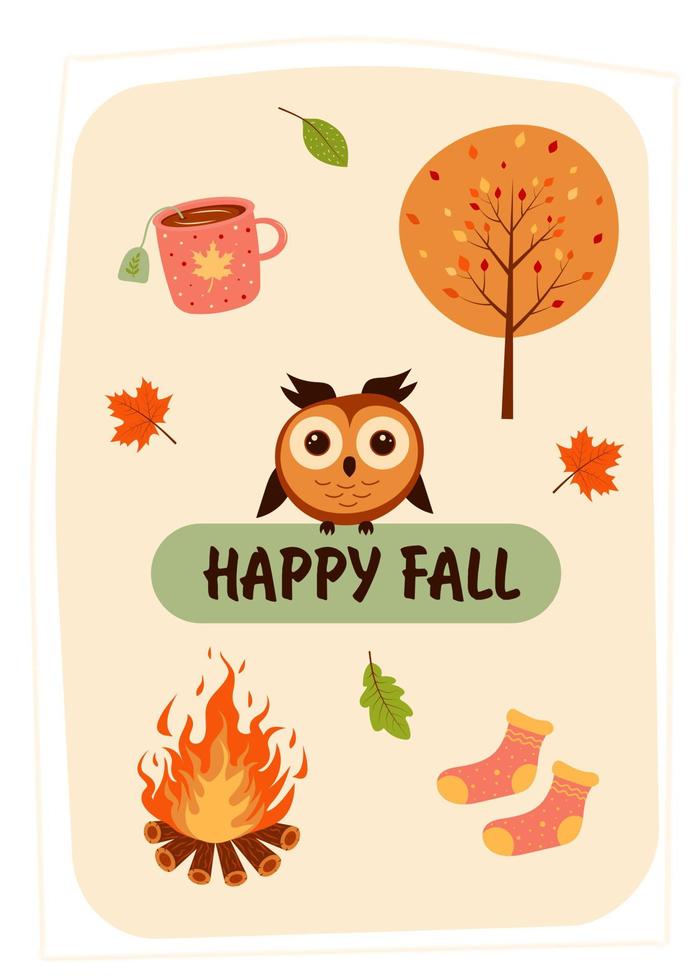 saluto carta con carino gufo, fuoco, calzini, autunno albero, boccale di tè e autunno le foglie. contento autunno Citazione. vettore