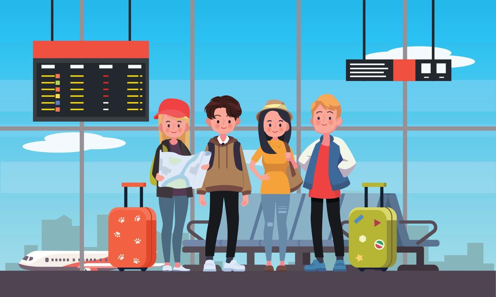 felice gruppo di viaggiatori adolescenti all'aeroporto. illustrazione vettoriale in uno stile piatto