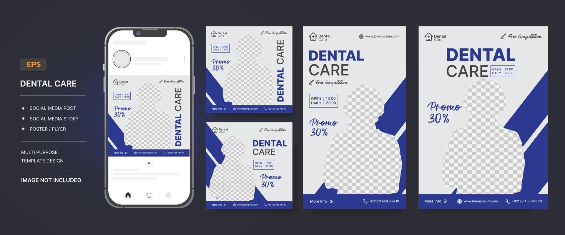 post sui social media per la cura dei denti, modello di progettazione di volantini per la storia e il poster con il vettore mockup del handphone