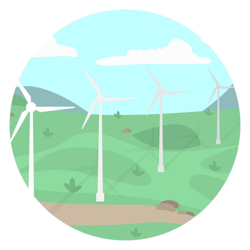 moderno rinnovabile vento turbina azienda agricola energia Generatore. natura paesaggio con pulito sostenibile sviluppo concetto vettore illustrazione.