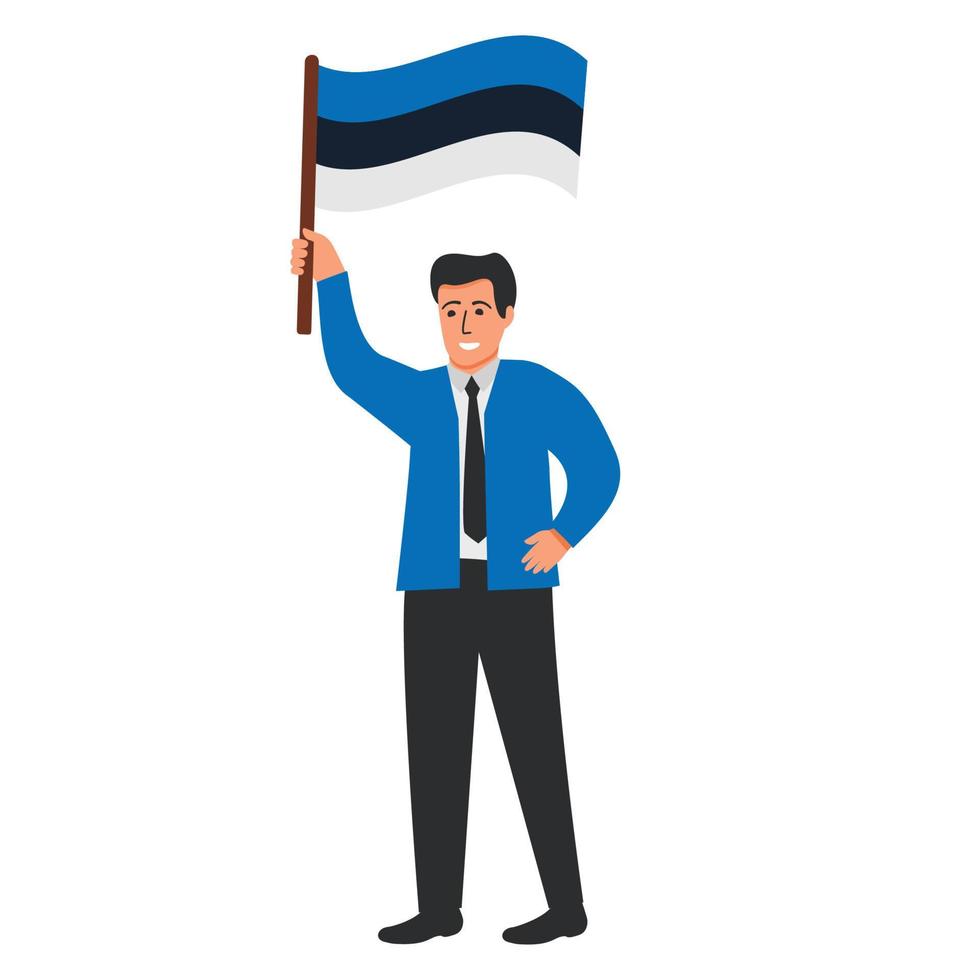 Estonia bandiera agitando uomo.gioioso tipo mano Tenere Estonia carattere.bandiera cartone animato vettore piatto illustrazione. isolato su bianca sfondo.