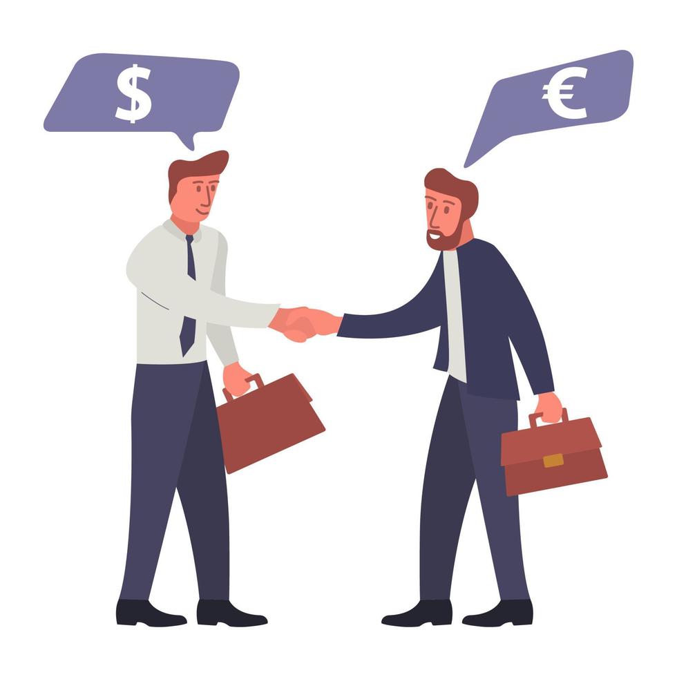 riuscito attività commerciale affare. attività commerciale negoziati b2b.discorso bolla con dollaro e Euro segni. cartone animato personaggi con un' ventiquattrore e nel un' camicia e cravatta.vettore piatto illustrazione.da impresa a impresa. vettore