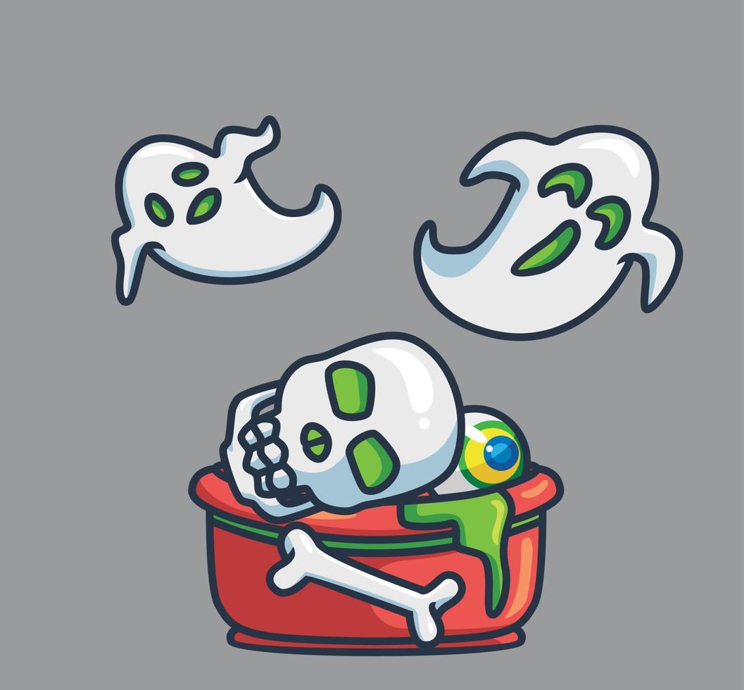 carino cranio osso occhi su il ciotola anima fantasma. cartone animato Halloween evento concetto isolato illustrazione. piatto stile adatto per etichetta icona design premio logo vettore. portafortuna personaggio vettore