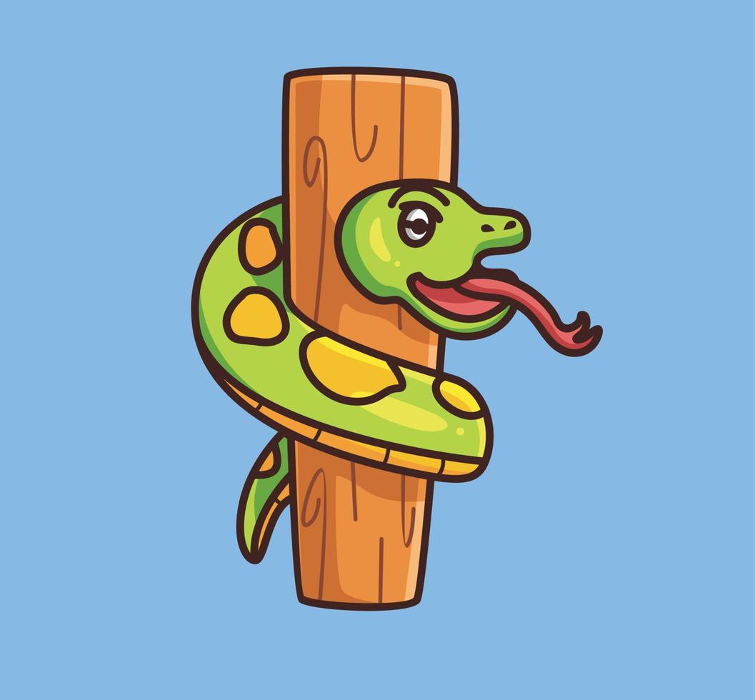 carino serpente su albero tronco Di legno. cartone animato animale natura concetto isolato illustrazione. piatto stile adatto per etichetta icona design premio logo vettore. portafortuna personaggio vettore